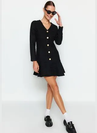 Black Tweed Knit Dress with Ruffled Hem and Button Detail TWOAW24EL00837