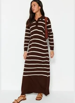 Brown Polo Neck Striped Knitwear Dress TCTAW22EB02122