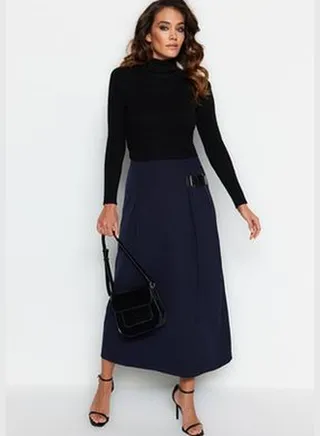 Navy Blue Belt Detailed Woven Skirt TCTAW24EE00014