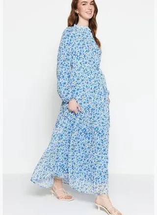 Light Blue Floral Patterned Belted Stand Up Collar Lined Chiffon Woven Dress