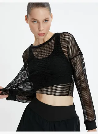 Mesh Crop Sport T-Shirt Long Sleeve Crew Neck