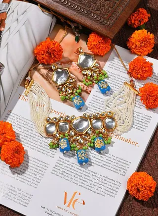 Gold Plated Kundan Beaded Necklace and Earring Set