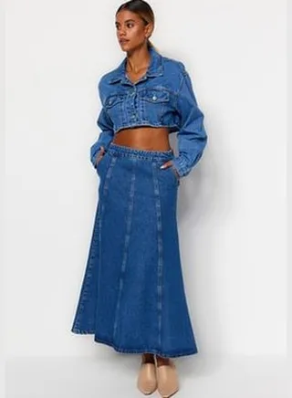 Dark Blue Maxi Denim Skirt with Stitching Detail TWOAW24ET00180