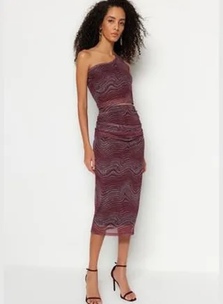 Claret Red Printed Tulle Fitted High Waist Lined Midi Skirt TWOSS23ET00148