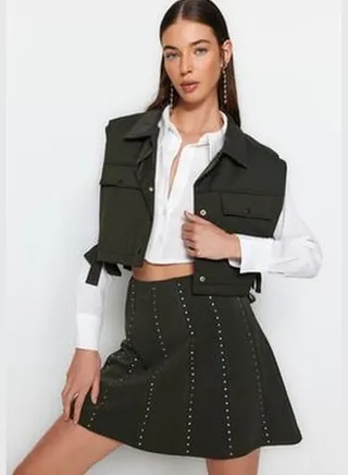 Khaki Stone Accessory Mini Skater/Knitted Waistless Skirt TWOAW24ET00075