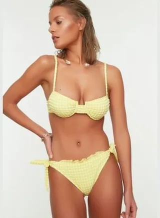 Yellow Gingham Textured Frilly Bikini Bottoms TBESS22BA0074