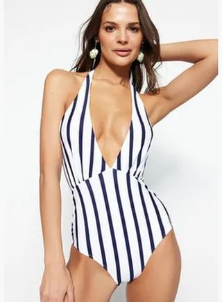 Striped Cross-Placing Regular Leg Swimsuit TBESS23MA00196