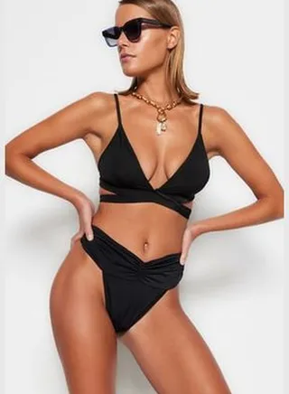 Black Pleated High Waist Bikini Bottoms with Regular Legs TBESS23BA00092