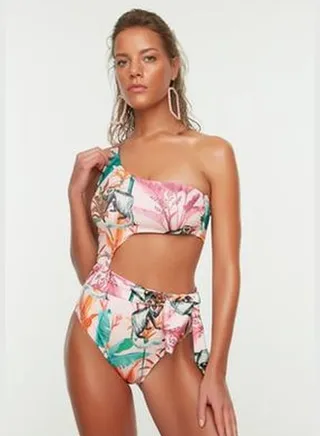 Powder Floral Pattern One-Shoulder Cut Out/Windowed Swimsuit TBESS22MA0197