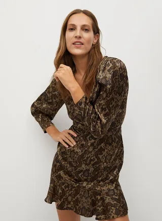 Snake Print Plunge Neck Mini Dress Brown