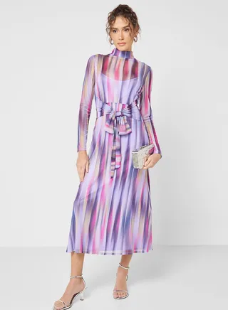 Tie Detail High Neck Dress