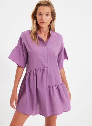 Flute Sleeve Button Detail Shirt Dress