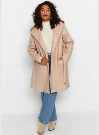 Stone Belted Double Breasted Closed Coat TBBAW24DD00002