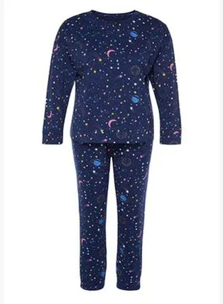 Navy Blue Geometric Single Jersey Homewear Plus Size Pajamas Set