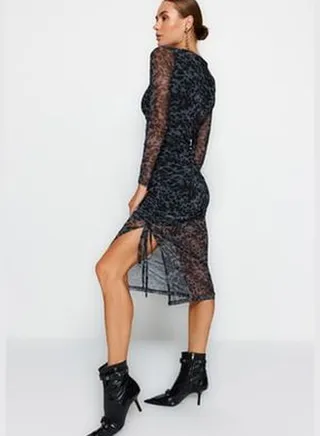 Gray Printed Tulle Lined Fitted Midi Knitted Dress with Smocking and Long Sleeves TWOAW24EL00324