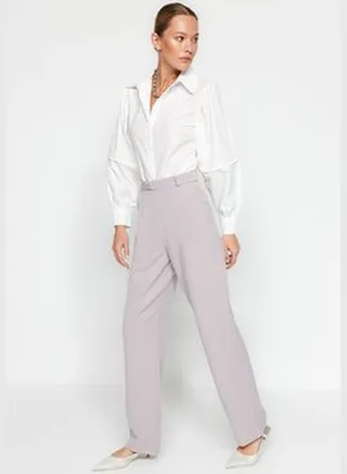 Gray Straight Cut Wide Leg Pleated Woven Trousers TWOSS21PL0155.