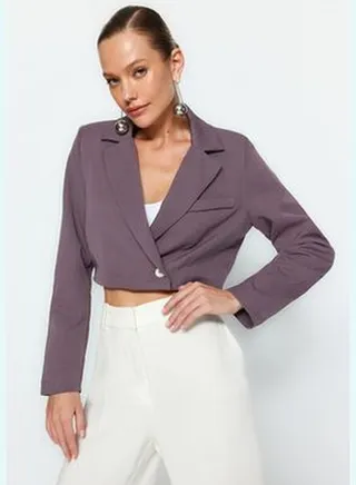 Gray Crop Lined Woven Blazer Jacket TWOAW22CE0086