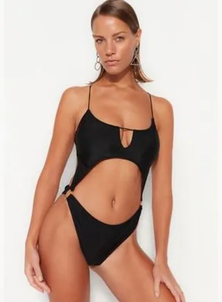 Black Round Neck Cut Out/Windowed High Leg Swimsuit TBESS23MA00029