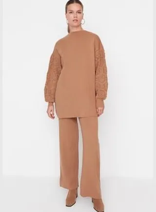 Beige Sleeves With Openwork Braided Sweater-Pants Knitwear Suit TCTAW23US00087