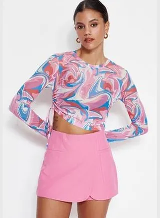 Multicolored Printed Shirring Detailed Crew Neck Basic Crop Stretchy Tulle Knitted Blouse TWOSS23BZ00687