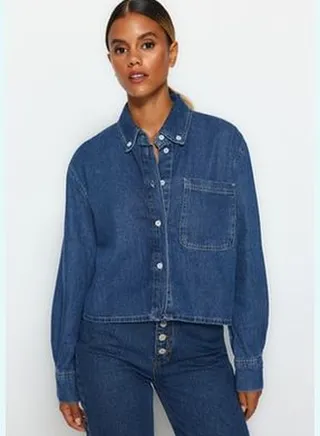 Dark Blue Crop Denim Shirt TWOAW24GO00031