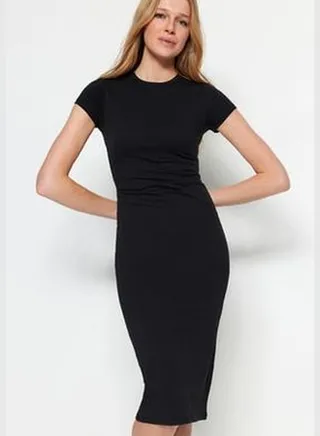Black Short Sleeve Fitted/Simple Cotton, Stretchy Midi Knit Dress TWOSS23EL00313.