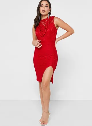Lace Front Slit Mini Dress