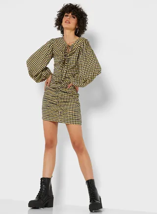 Checked Ruffle Detail Ruched Dress