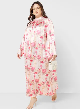 Printed Pleat Detail Round Neck Dress