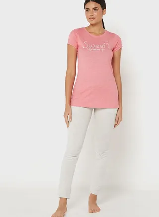 Round Neck Graphic T-Shirt & Pyjama Set