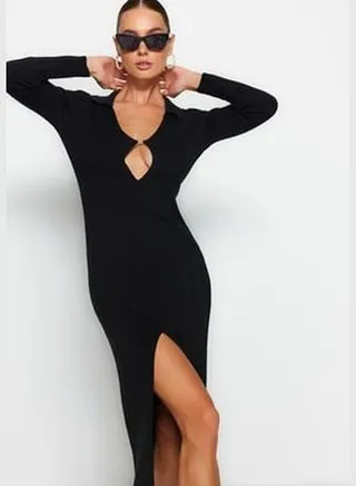 Black Maxi Sweater With Split Slits Dress TWOAW24EL00206