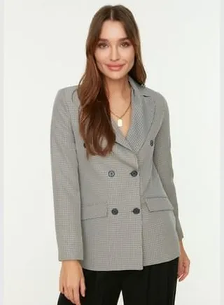 Gray Regular Lined Woven Blazer with Buttons TWOAW21CE0470