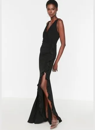 Black Stone Accessory Detail Long Evening Dress