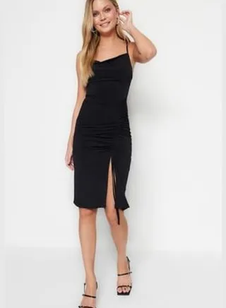 Black Shirred Detail, Fitted Midi Dress With a Plunging Collar, Flexible Knitted TWOSS23EL01267