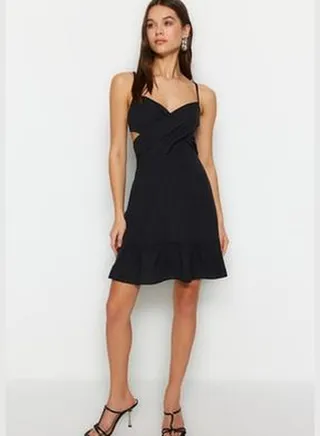 Black Halterneck/Skater Mini Dress in Woven Cotton with Double Breasted Collar Straps TWOSS23EL00269