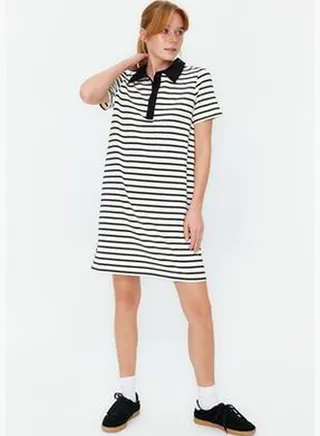 Black and White Striped Polo Neck A-Line/Bell Form Knitted Mini Dress TWOSS24EL00023