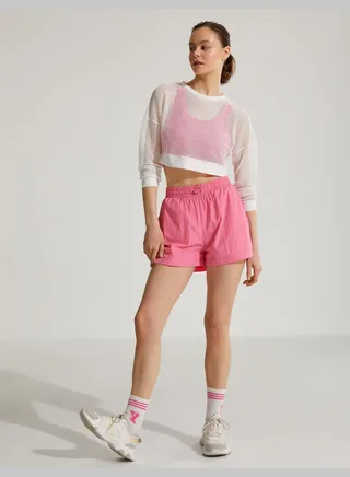 Long Sleeve Crew Neck Mesh Crop Sport T-Shirt