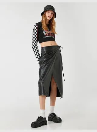 Midi Skirt Faux Leather Slit Wrap Over