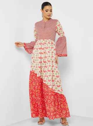 Printed Button Neck Jalabiya