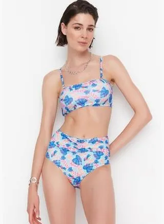 High Waist Bikini Bottoms With Floral Pattern Shirring TBESS21BA0186