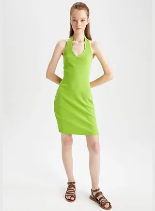 Woman Bodycon V-Neck Short Sleeve Knitted Dress