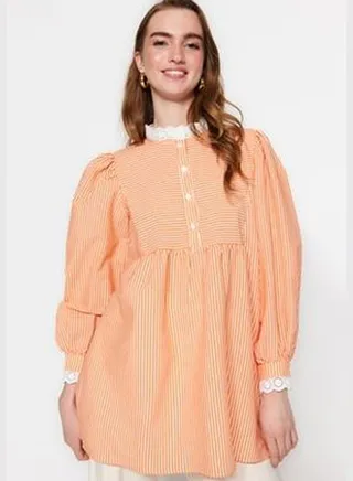 Weave See-through Plaid Orange Lace Tunic TCTSS23UK00067
