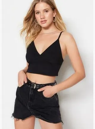 Black Cotton Straps V-Neck Flexible Knitted Bustier TWOSS23BS00021