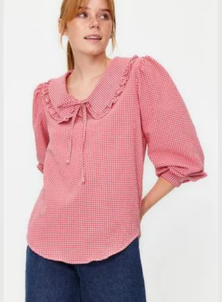 Red Collar Detailed Woven Checkered Blouse TWOAW22BZ0097