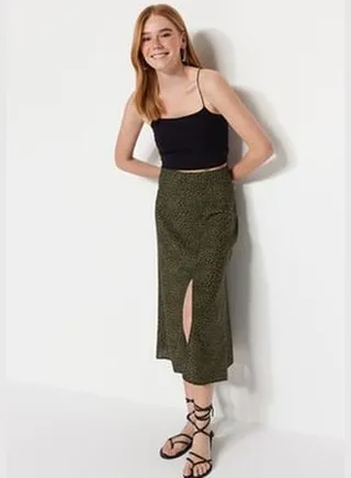 Khaki Skirt with Viscose Fabric and Animal Print TWOAW22ET0447
