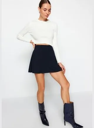 Navy Blue A-Line with Stitching Detail/A bell-shaped Formal Thessaloniki/Knitwear Look Knitted Skirt TWOAW24ET00083