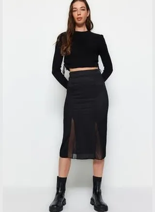 Black Pleats with Slit Detail Regular Waist Midi Length Knitted Skirt TWOAW24ET00039