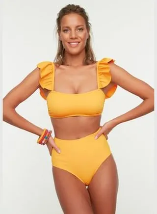 Orange Bralette Frilly Textured High Waist Bikini Set TBESS22BT0049