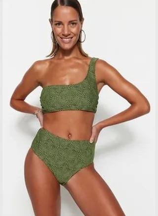 Green Glittery High Waist Bikini Bottoms with Regular Legs TBESS23BA00241