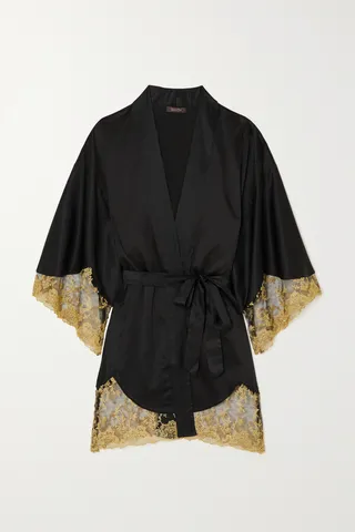 Coco de Mer - Olympia Metallic Embroidered Tulle-trimmed Satin Robe - Black